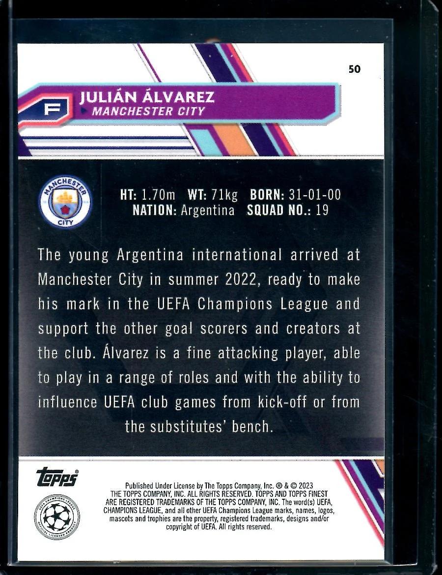 2023 Topps Finest Julian Alvarez Rookie Blue /275 Manchester City - Image 2