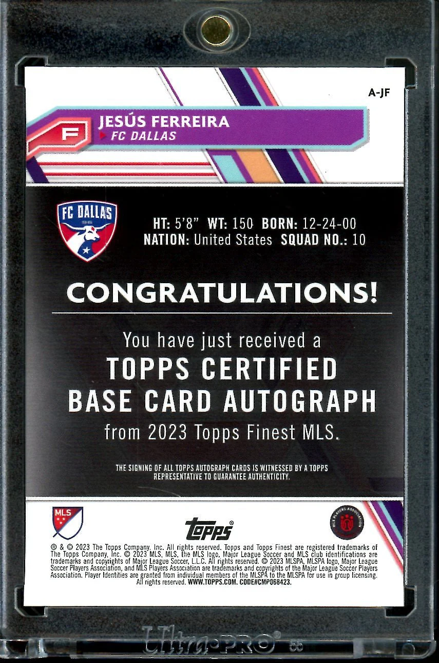 2023 Topps Finest MLS Jesus Ferreira Superfractor Auto 1/1 FC Dallas - Image 2