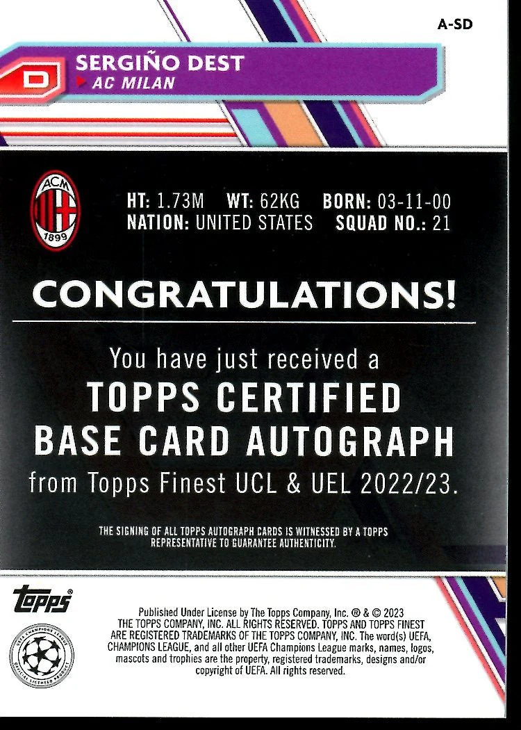2023 Topps Finest Sergino Dest Auto Blue /150 AC Milan - Image 2