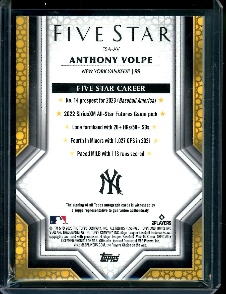 2023 Topps Five Star Anthony Volpe Rookie Auto Blue /25 Yankees - Image 2