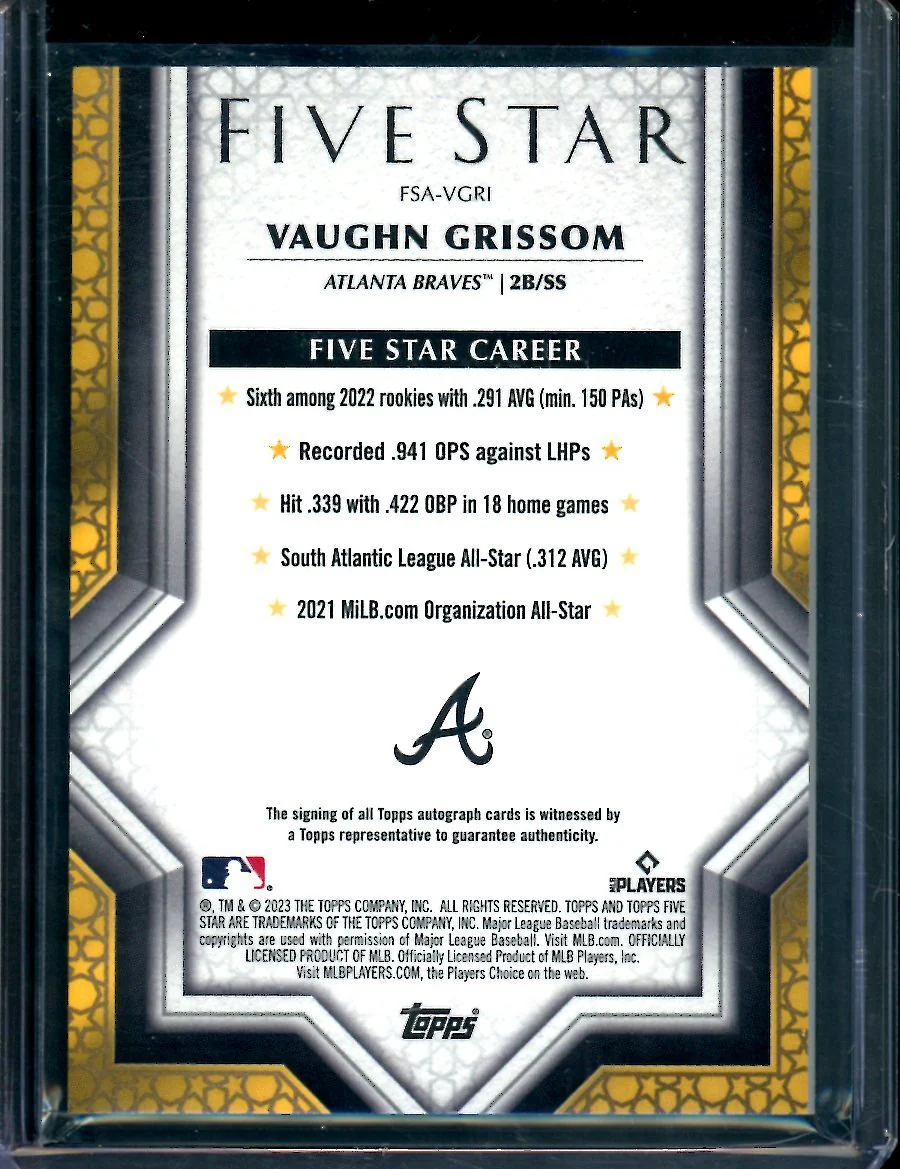 2023 Topps Five Star Vaughn Grissom Rookie Auto Braves - Image 2