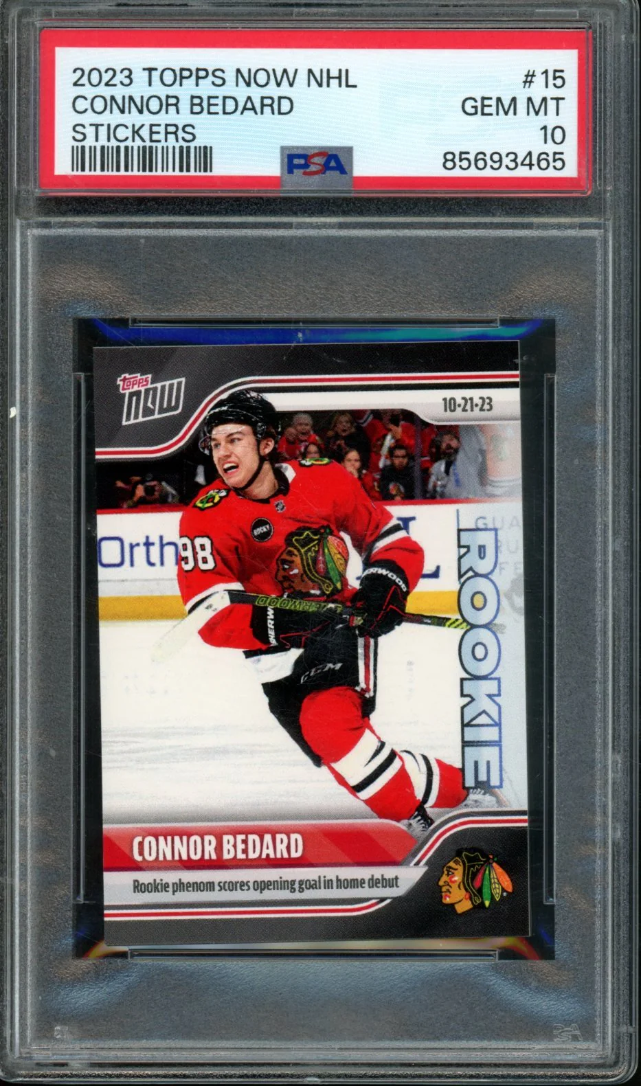 2023 Topps Now Connor Bedard Opening Goal In Home Debut Rookie Sticker PSA 10 Blackhawks