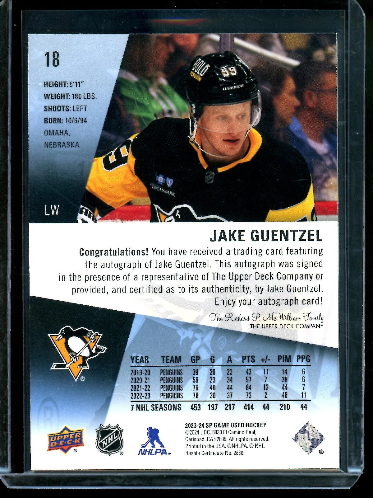 2023 Upper Deck SP Game Used Jake Guentzel Autograph Penguins - Image 2