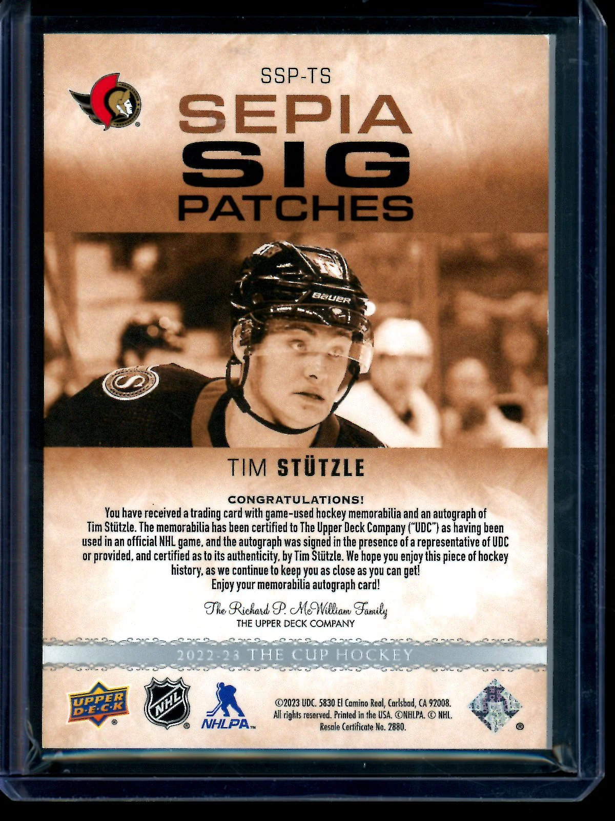 2023 Upper Deck The Cup Tim Stutzle Sepia Sig Patches /35 Senators - Image 2