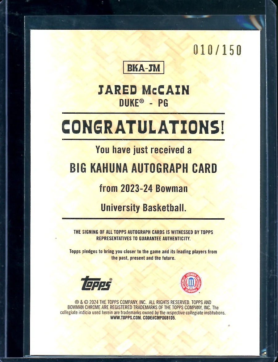 2024 Bowman Chorme University Jared McCain Big Kahuna Auto /150 Duke - Image 2