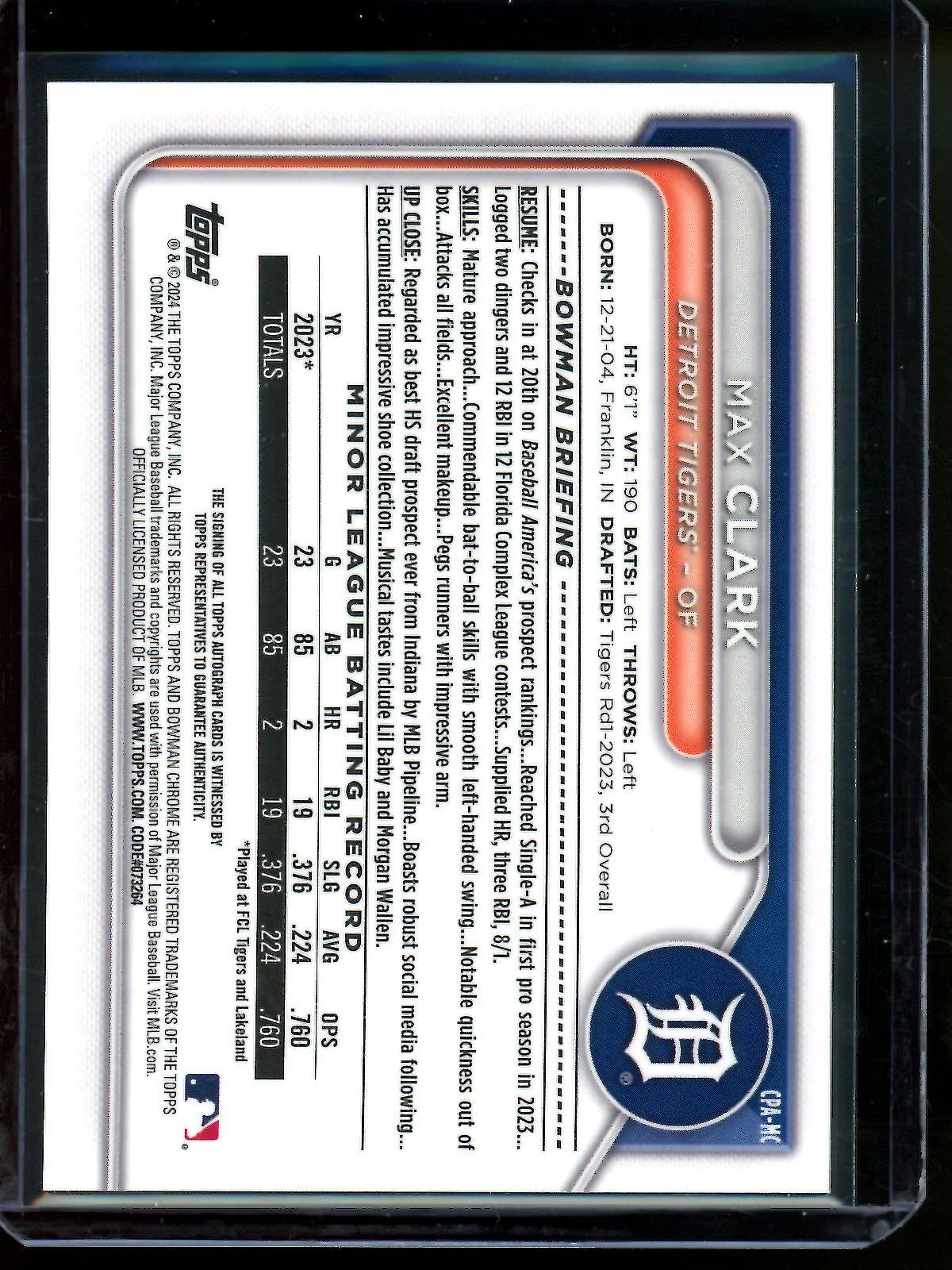 2024 Bowman Chrome Max Clark True Orange Autograph /25 Tigers - Image 2