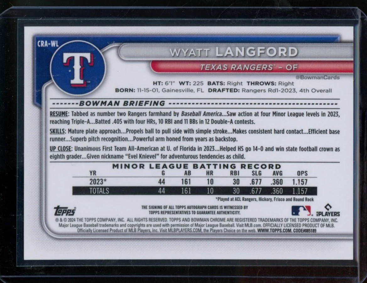2024 Bowman Chrome Wyatt Langford Rookie Auto Green /99 Rangers - Image 2