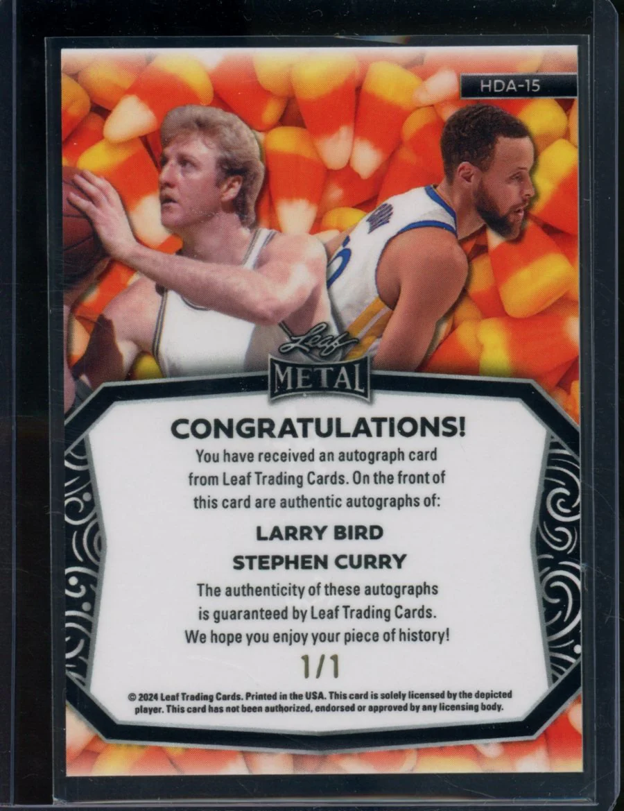 2024 Leaf Metal Halloween Larry Bird/Stephen Curry Dual Auto Candy Corn Gold Vinyl 1/1 - Image 2