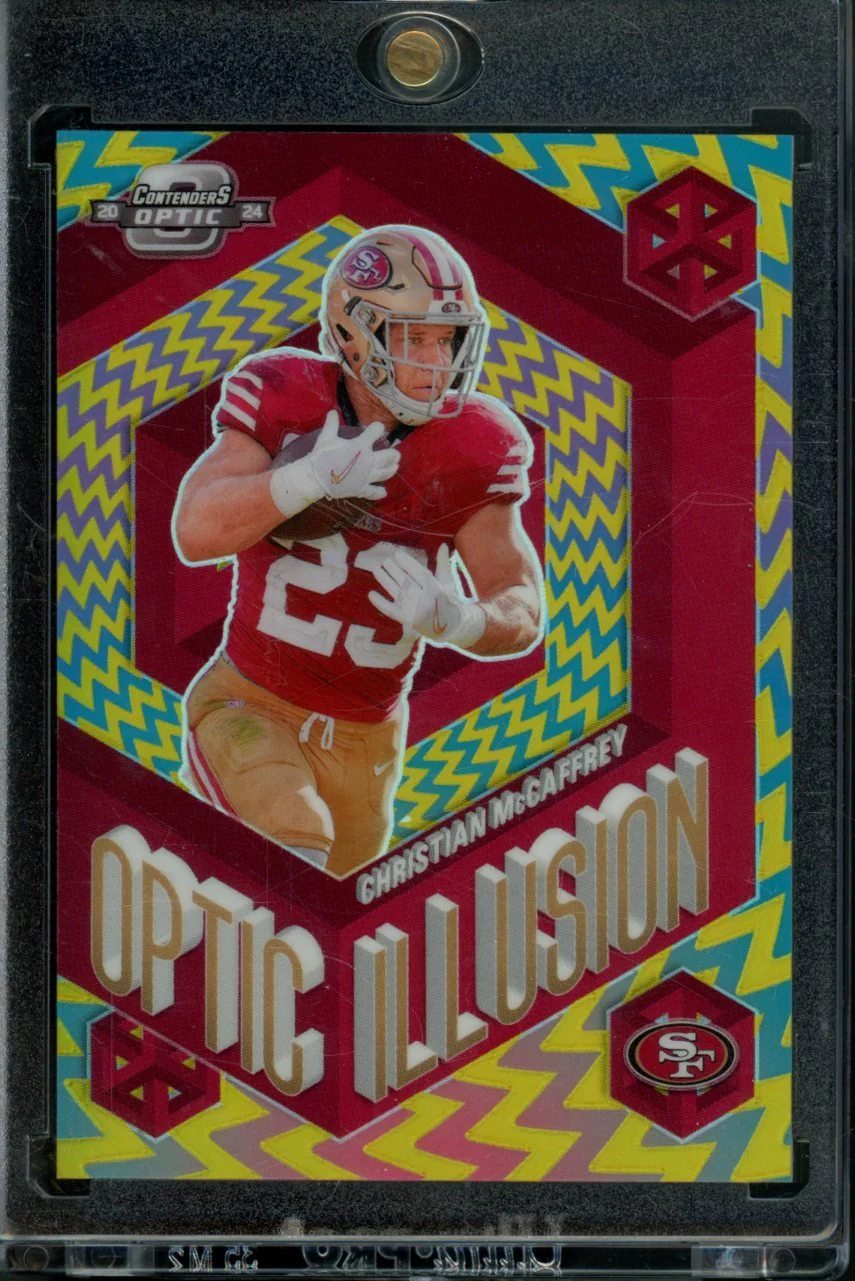 2024 Panini Contenders Optic Christian McCaffrey Optic Illusion SSP Gold /10 49ers