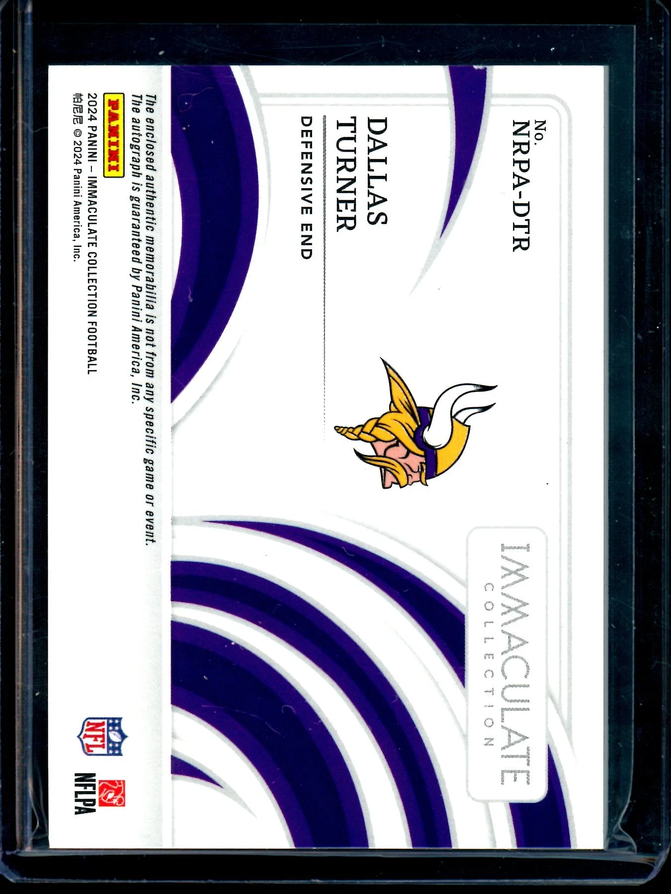 2024 Panini Immaculate Dallas Turner Rookie Patch Autograph /99 Vikings - Image 2