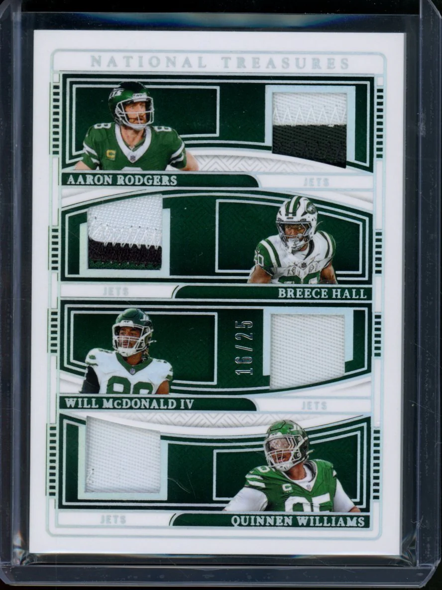 2024 Panini National Treasures Aaron Rodgers/Breece Hall/Will McDonald IV/Quinnen Williams Quad Patch /25 Jets