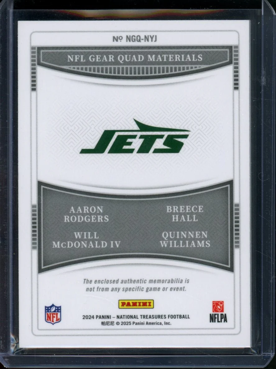 2024 Panini National Treasures Aaron Rodgers/Breece Hall/Will McDonald IV/Quinnen Williams Quad Patch /25 Jets - Image 2