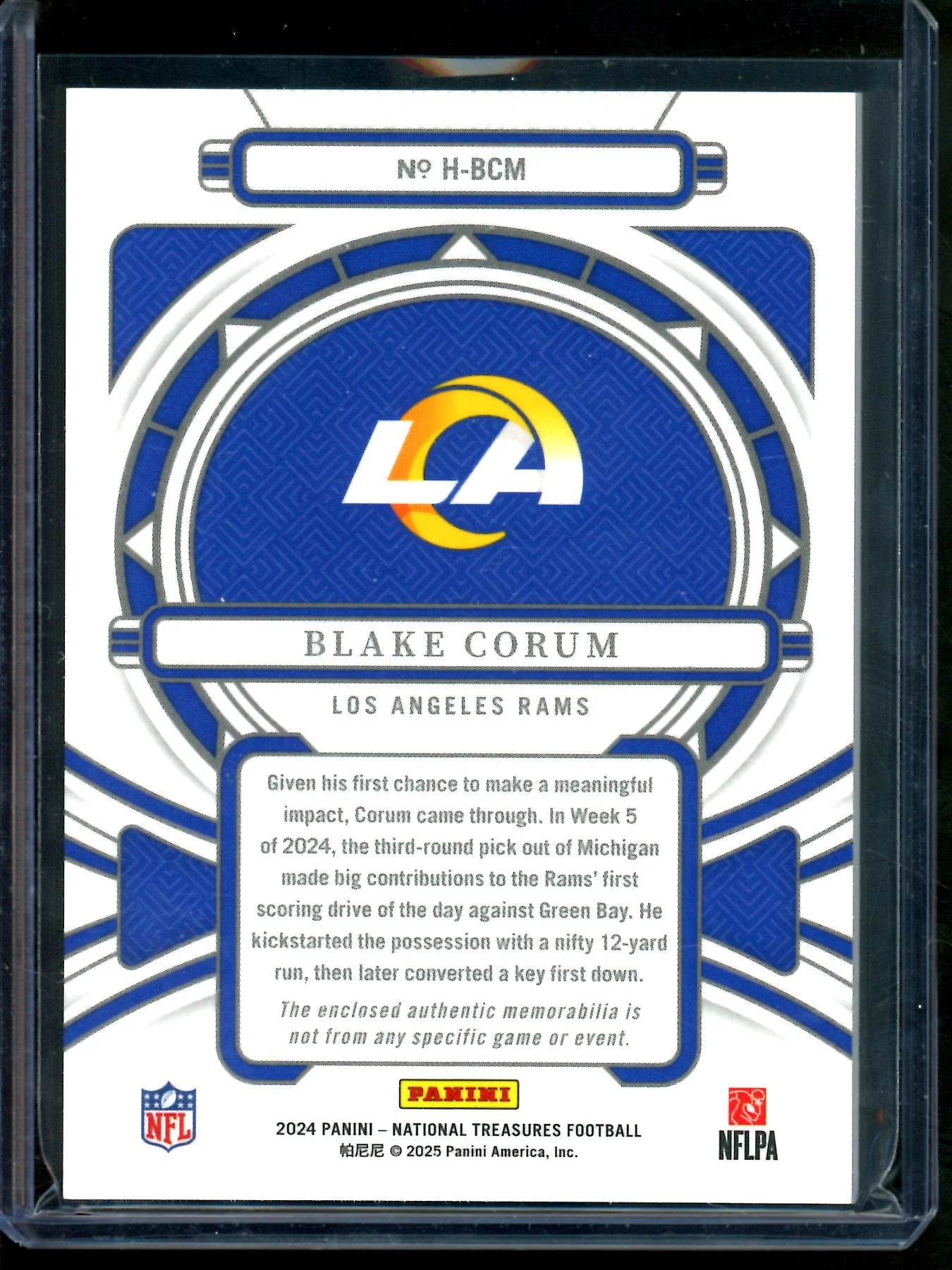 2024 Panini National Treasures Blake Corum Herilooms Rookie Relic /10 Rams - Image 2