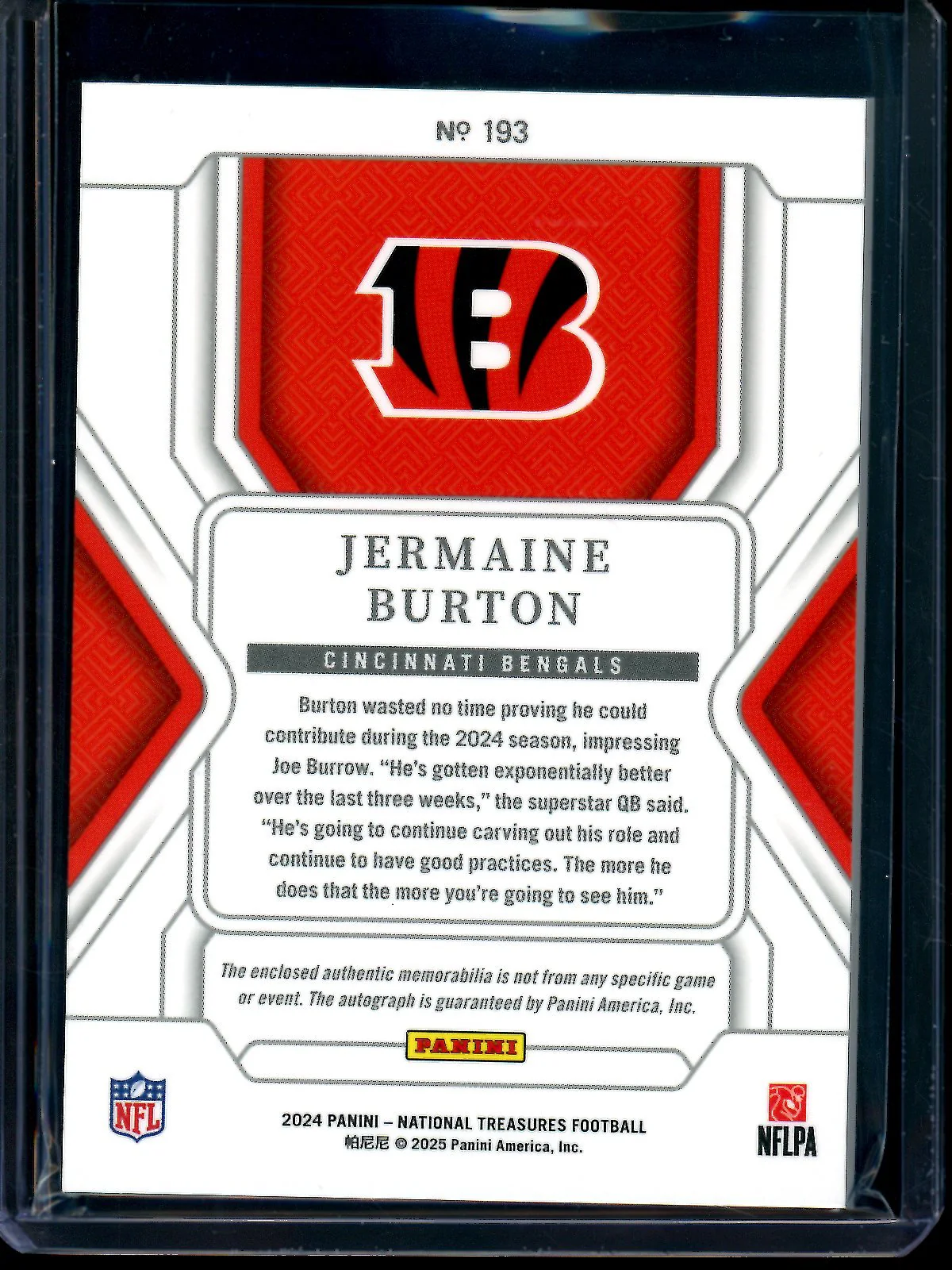 2024 Panini National Treasures Jermaine Burton Rookie Patch Autograph /99 Bengals - Image 2