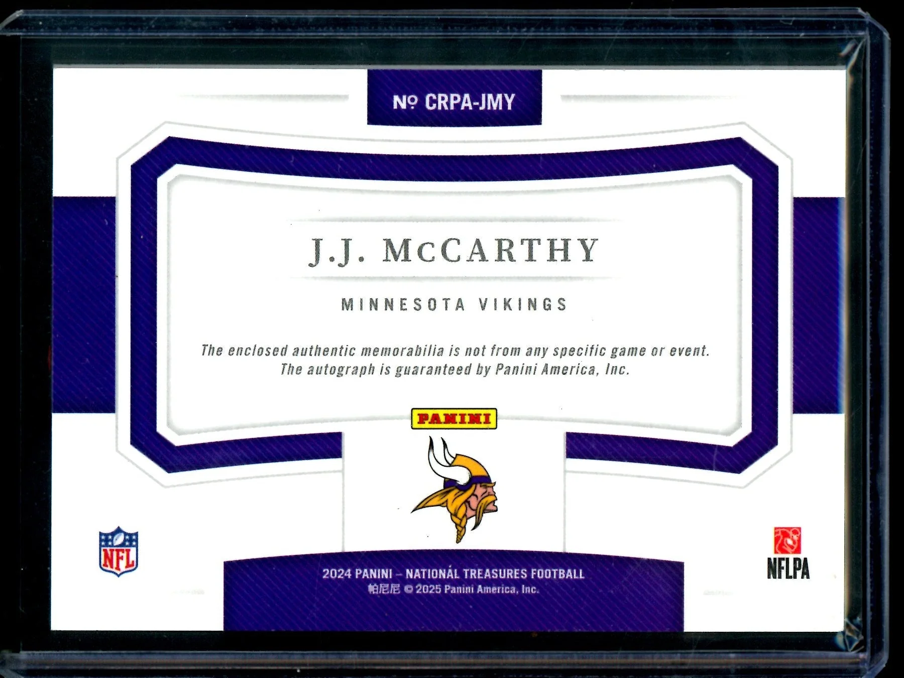 2024 Panini National Treasures JJ McCarthy Crossover Rookie Patch Autograph /99 Vikings - Image 2