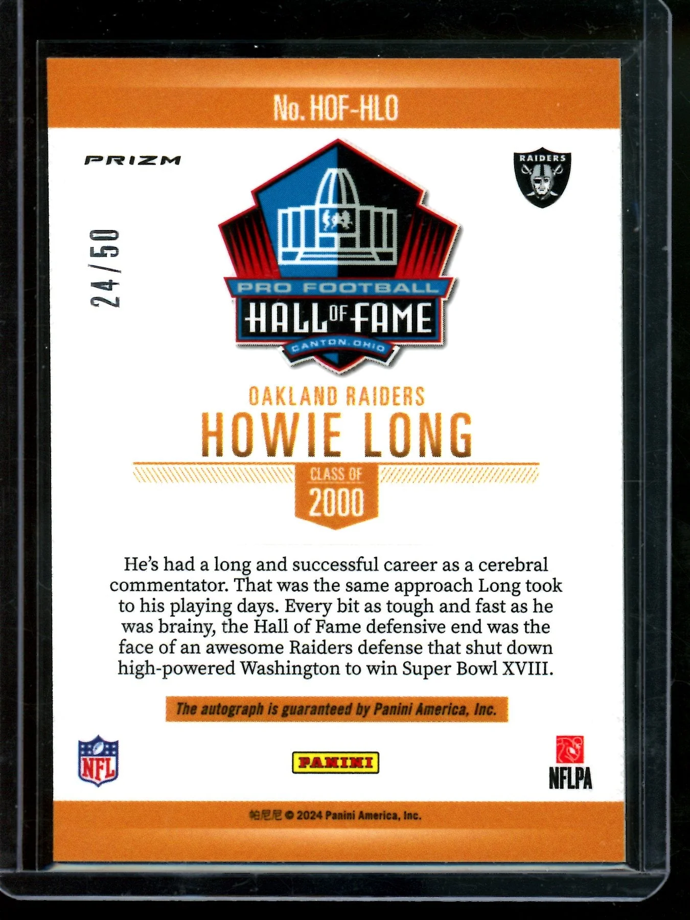 2024 Panini Prizm Howie Long Hall Of Fame Autograph /50 Raiders - Image 2