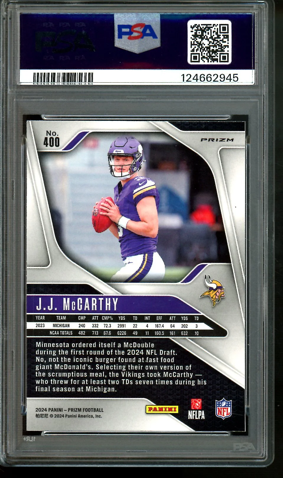 2024 Panini Prizm JJ McCarthy Silver Prizm Rookie PSA 10 Vikings - Image 2