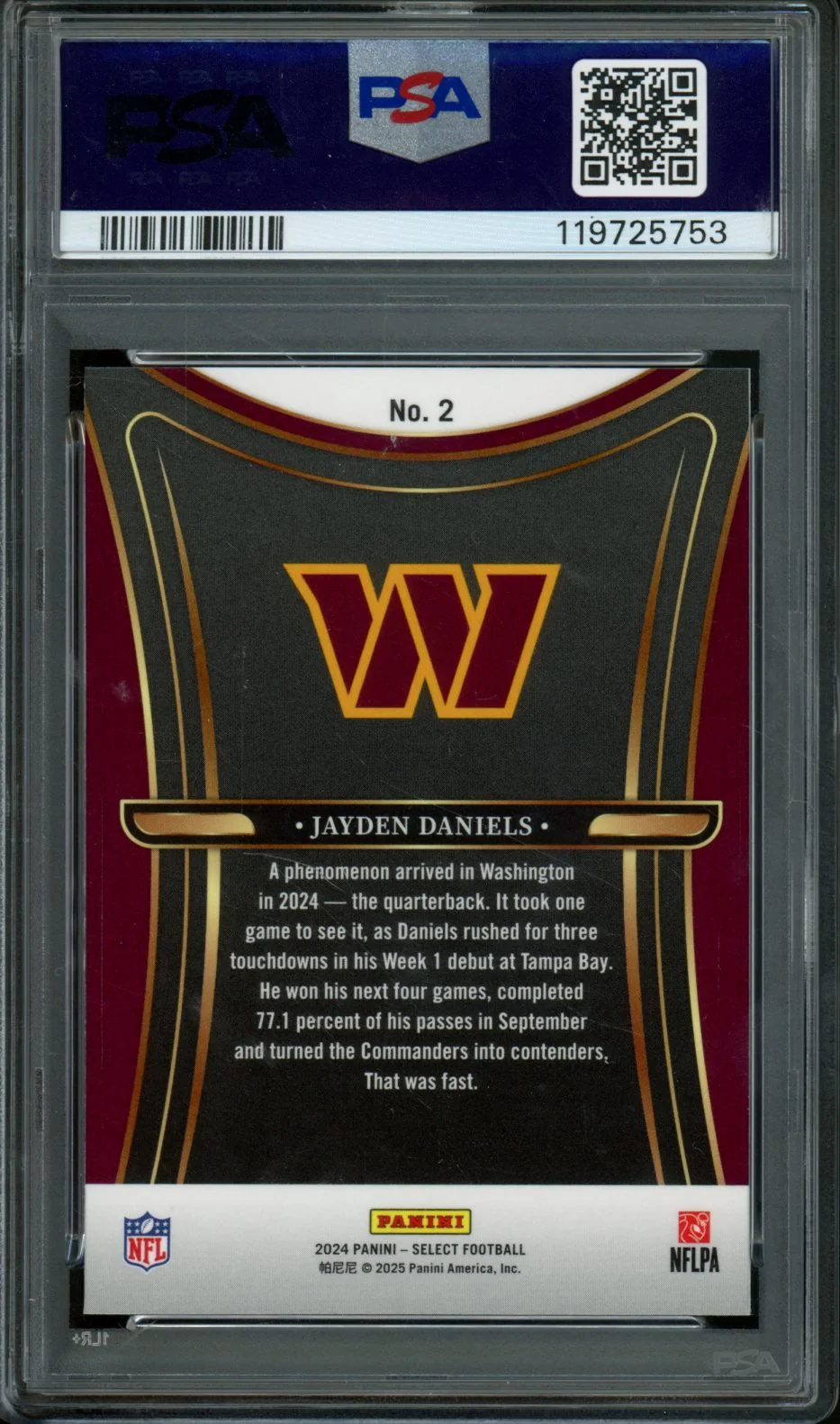2024 Panini Select Jayden Daniels Phenomenon Rookie PSA 10 Commanders - Image 2