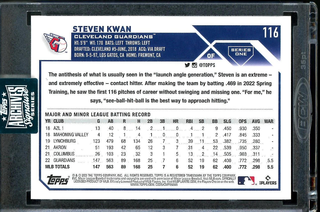 2024 Topps Archives Signature Series Steven Kwan Auto /99 Guardians - Image 2