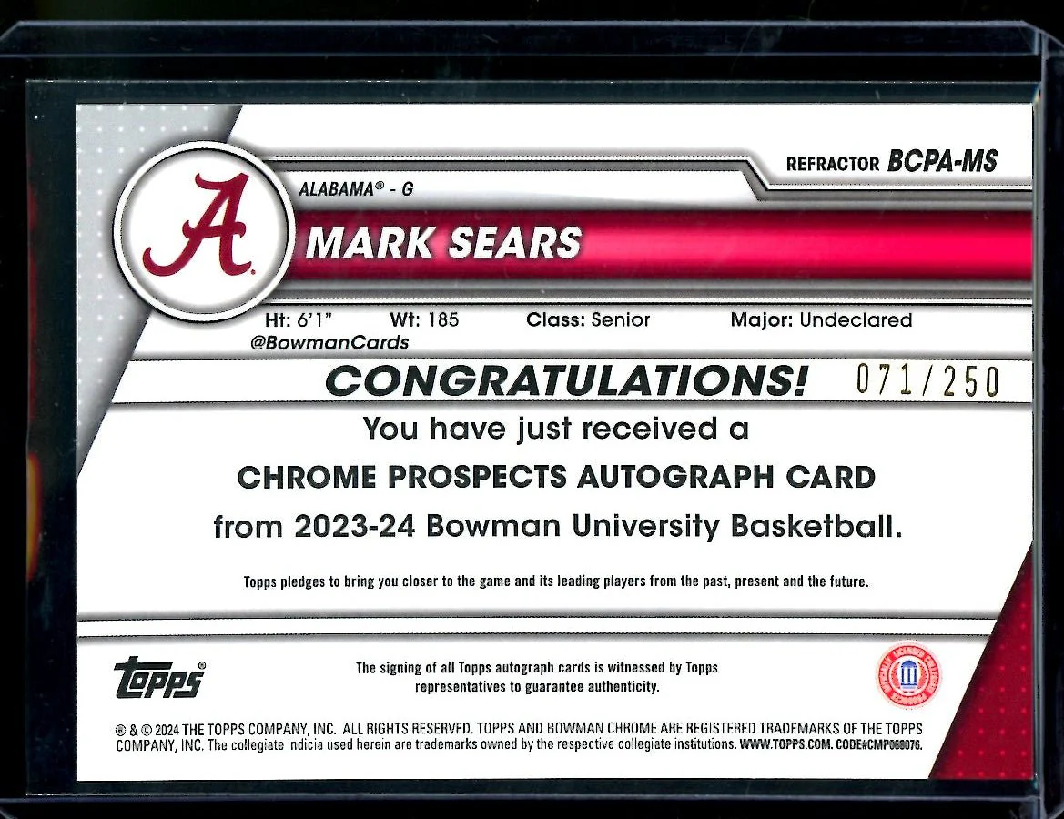 2024 Topps Bowman University Chrome Mark Sears 1st Bowman Auto Refractor /250 Alabama - Image 2