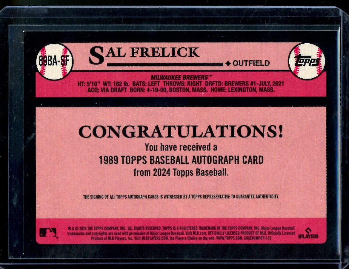 2024 Topps Series 1 Sal Frelick Rookie Auto Brewers - Image 2