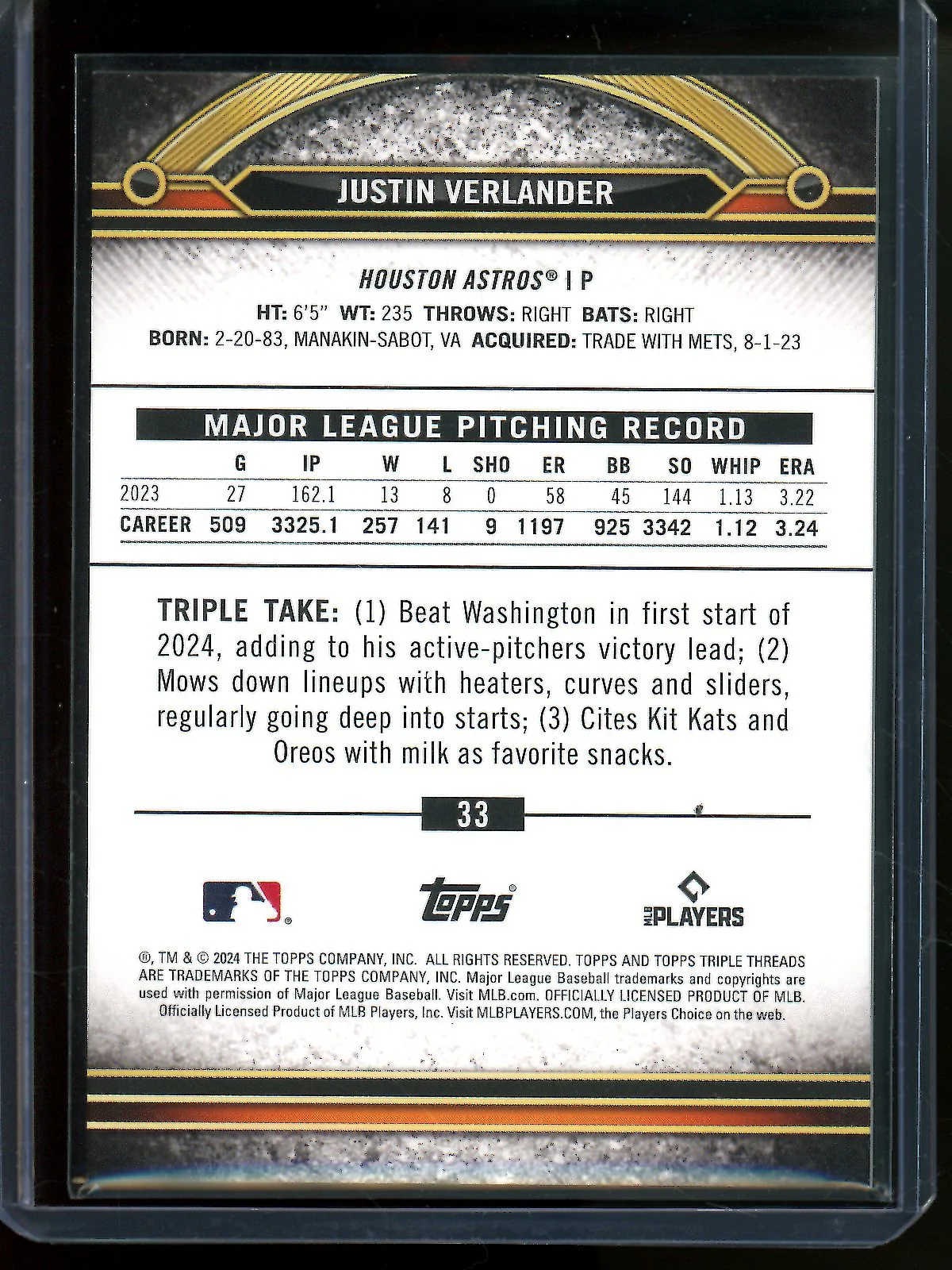 2024 Topps Triple Threads Justin Verlander Blue /25 Astros - Image 2