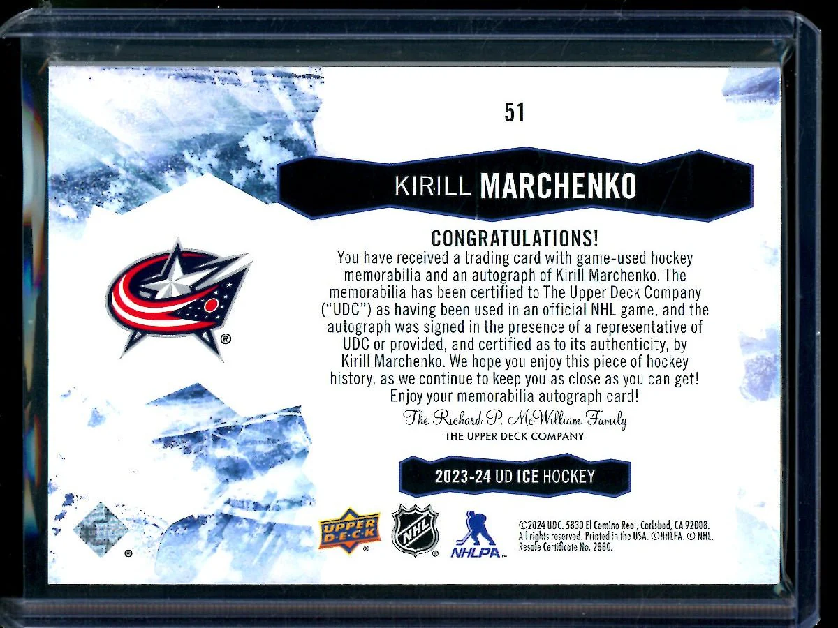 2024 Upper Deck Ice Kirill Marchenko Patch Relic Autograph /49 Stars Blue Jackets - Image 2