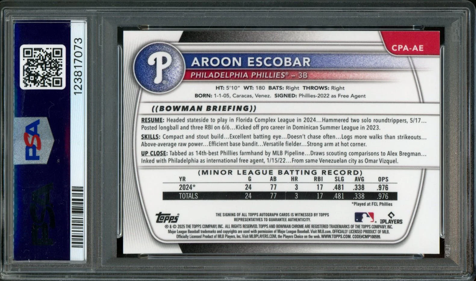 2025 Bowman Chrome Aroon Escobar 1st Auto Green Reptilian /99 PSA 9 Phillies - Image 2
