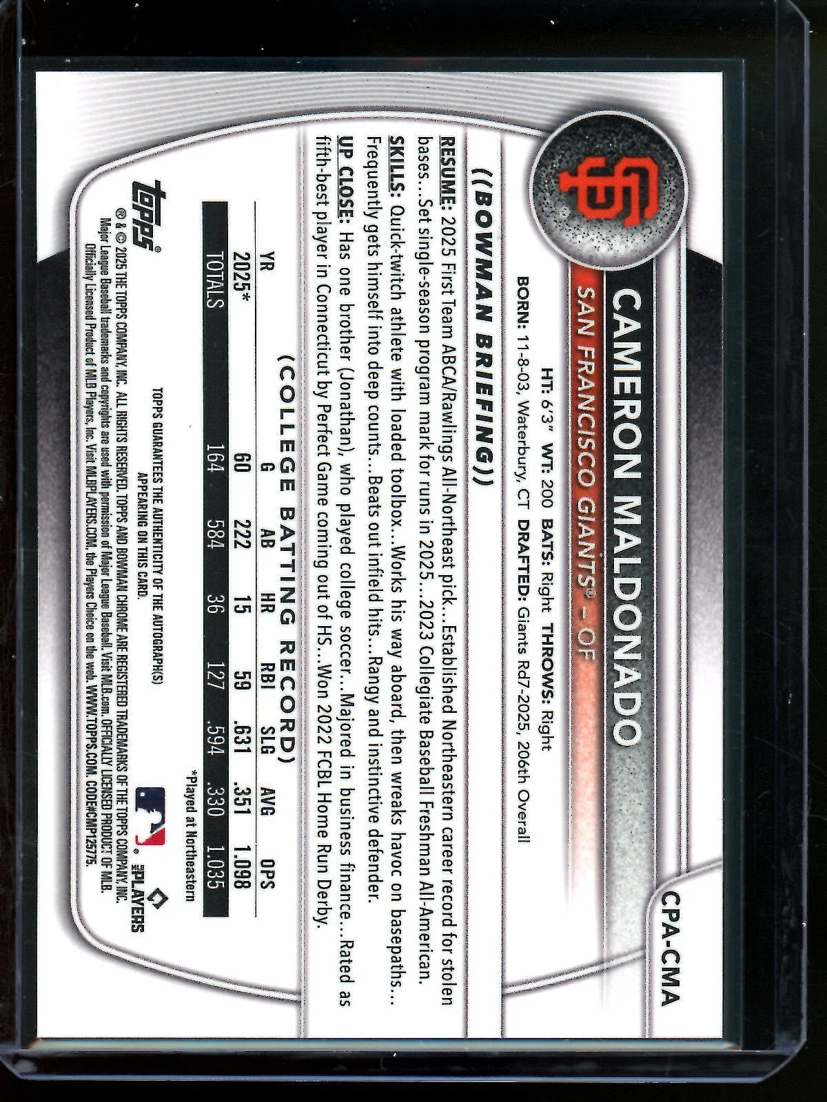 2025 Bowman Chrome Cameron Maldonado 1st Autograph Giants - Image 2