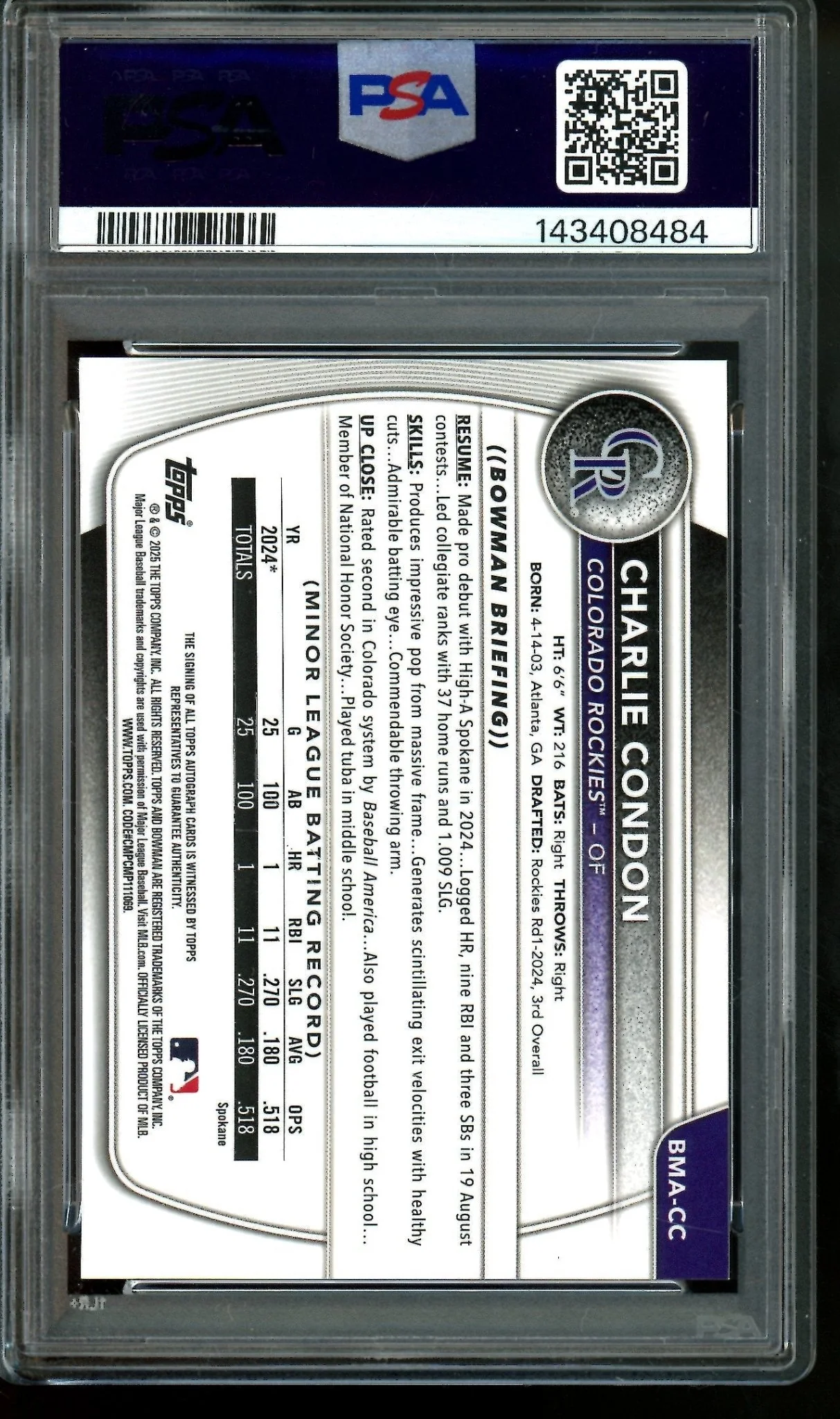2025 Bowman Chrome Charlie Condon Mojo Autograph PSA 10 Rockies - Image 2