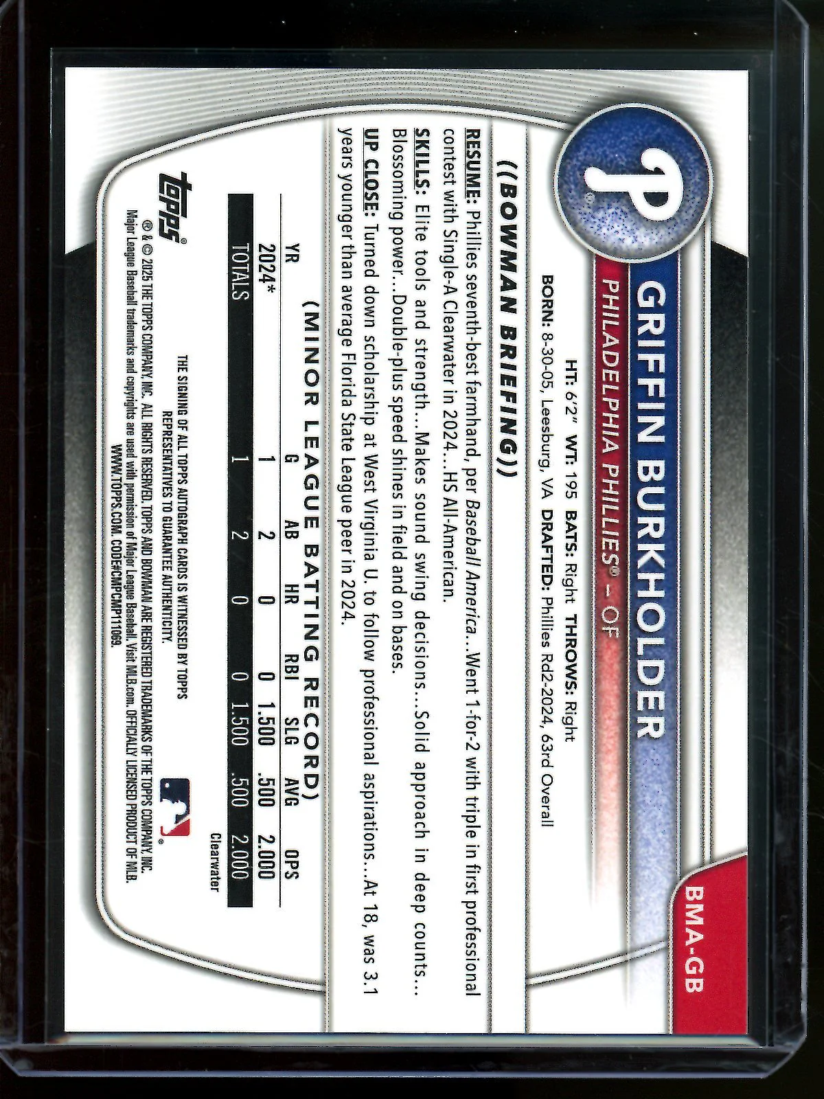 2025 Bowman Chrome Griffin Burkholder Blue Mojo Autograph /150 Phillies - Image 2