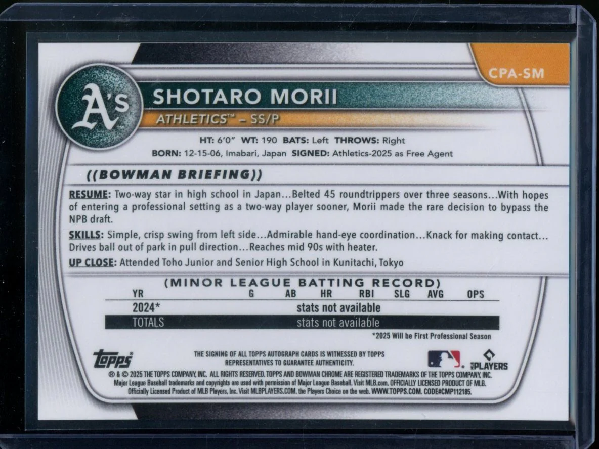 2025 Bowman Chrome Shotaro Morii 1st Auto Green Wave /99 Athletics - Image 2