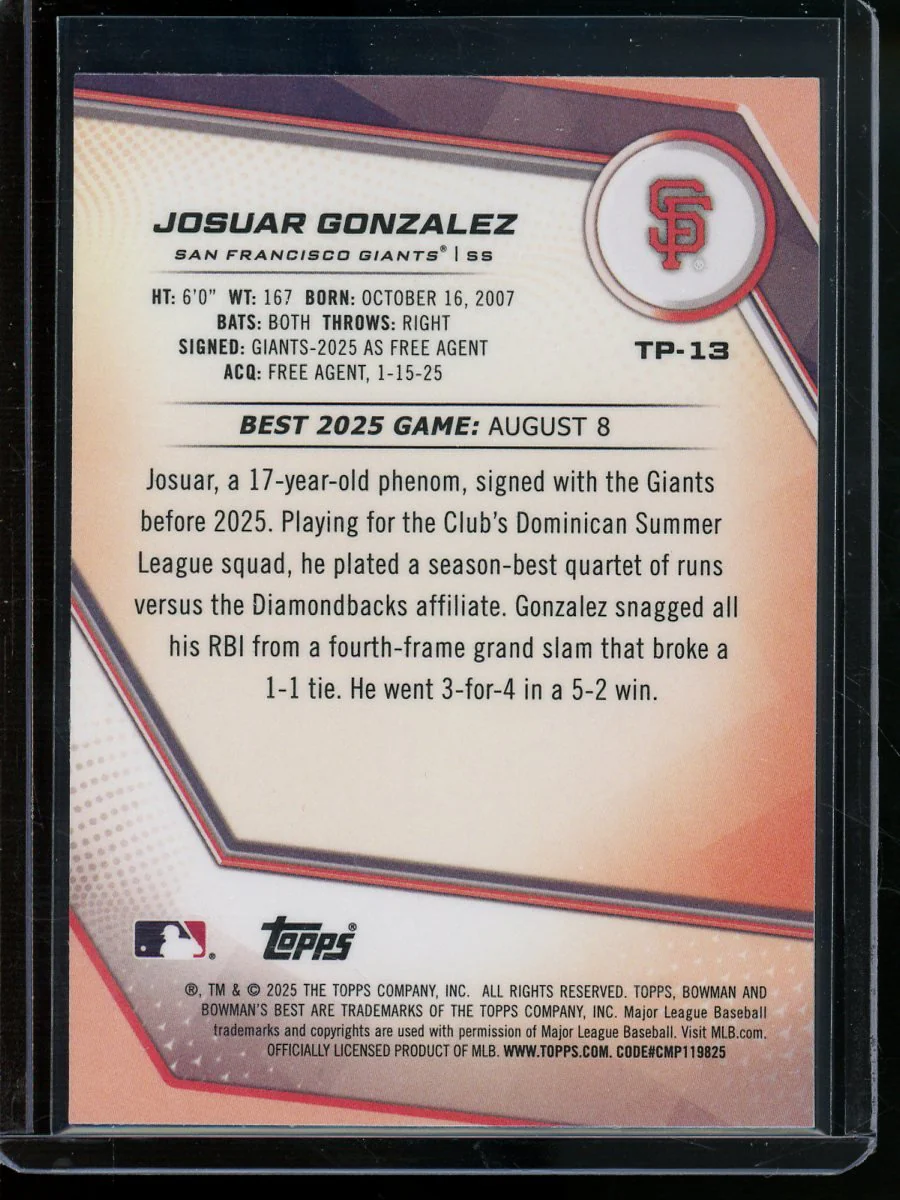 2025 Bowmans Best Josuar Gonzalez Blue /199 Giants - Image 2