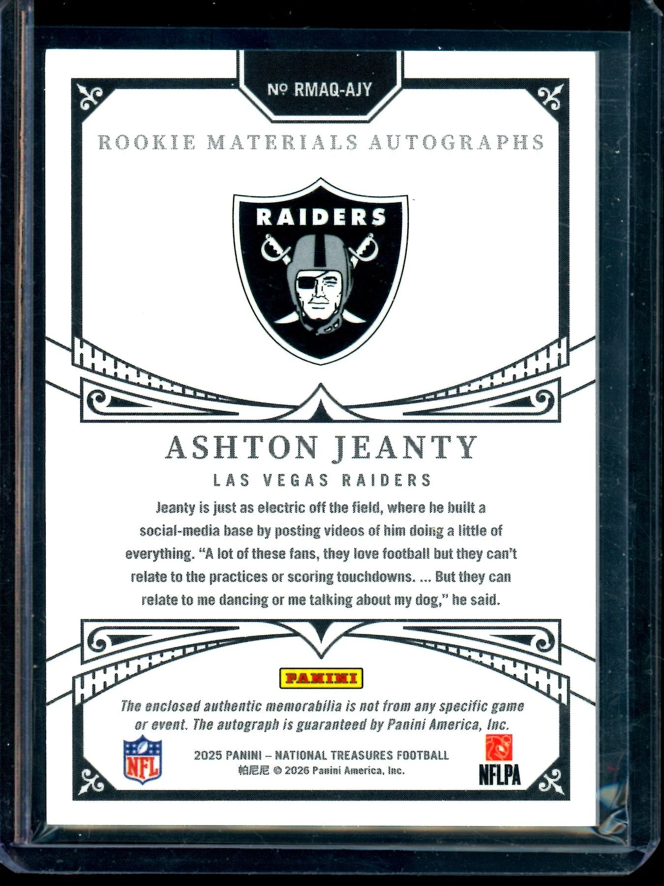 2025 Panini National Treasures Ashton Jeanty Rookie Materials Autographs /99 Raiders - Image 2