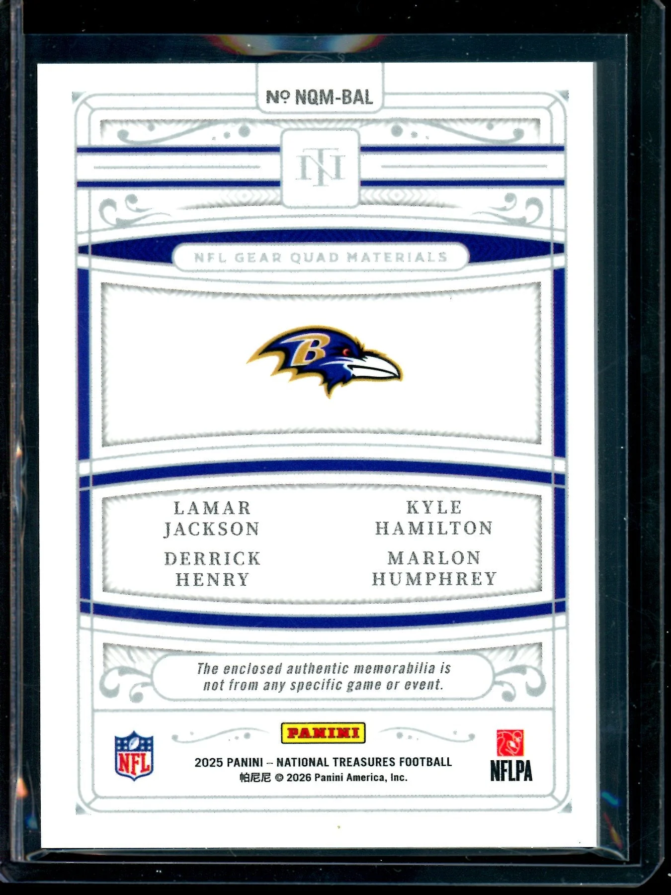 2025 Panini National Treasures Jackson / Henry / Hamilton / Humphrey NFL Gear Quad Materials /99 Ravens - Image 2