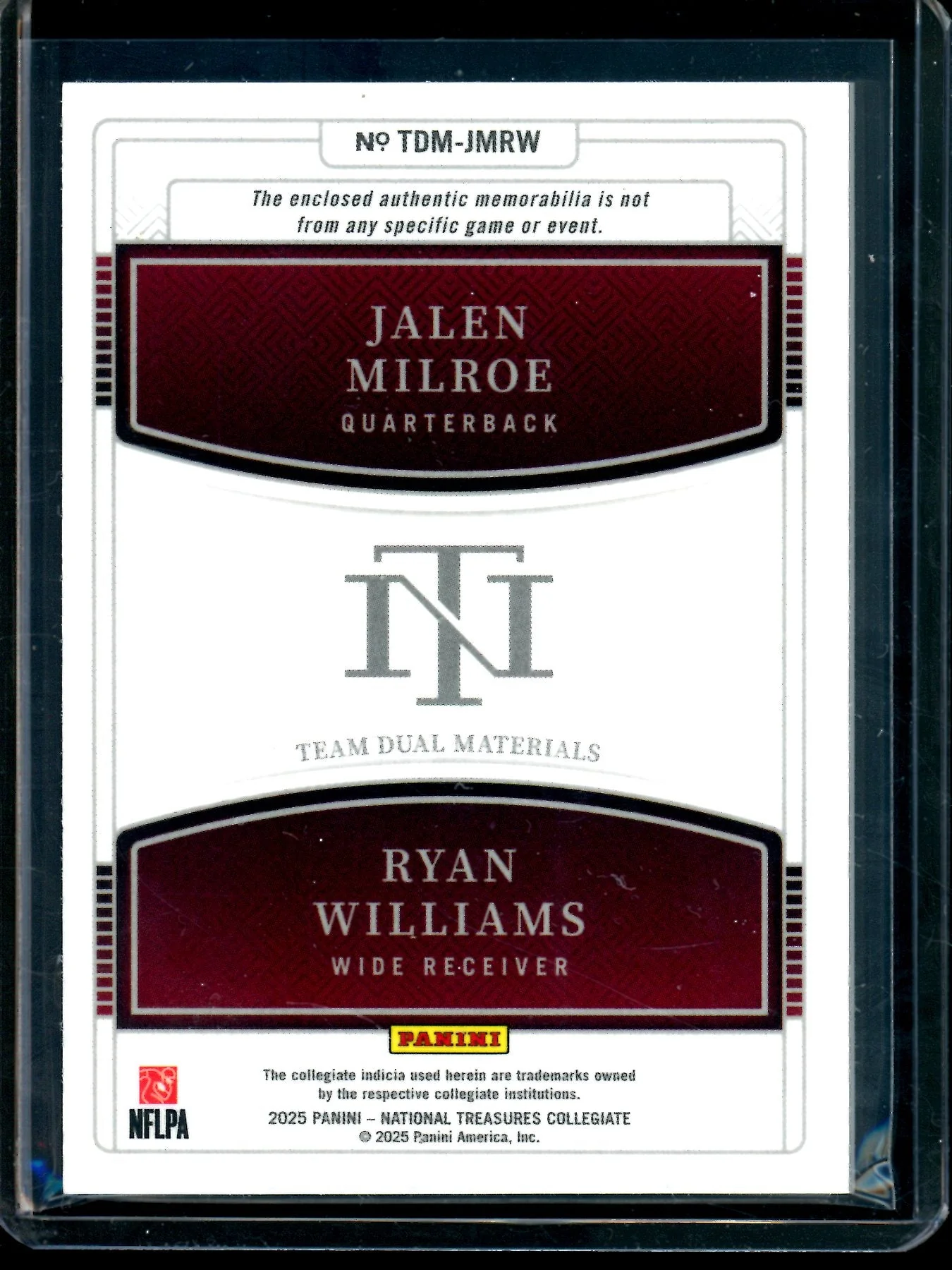 2025 Panini National Treasures Jalen Milroe / Ryan Williams Dual Gold Relic /10 Alabama - Image 2