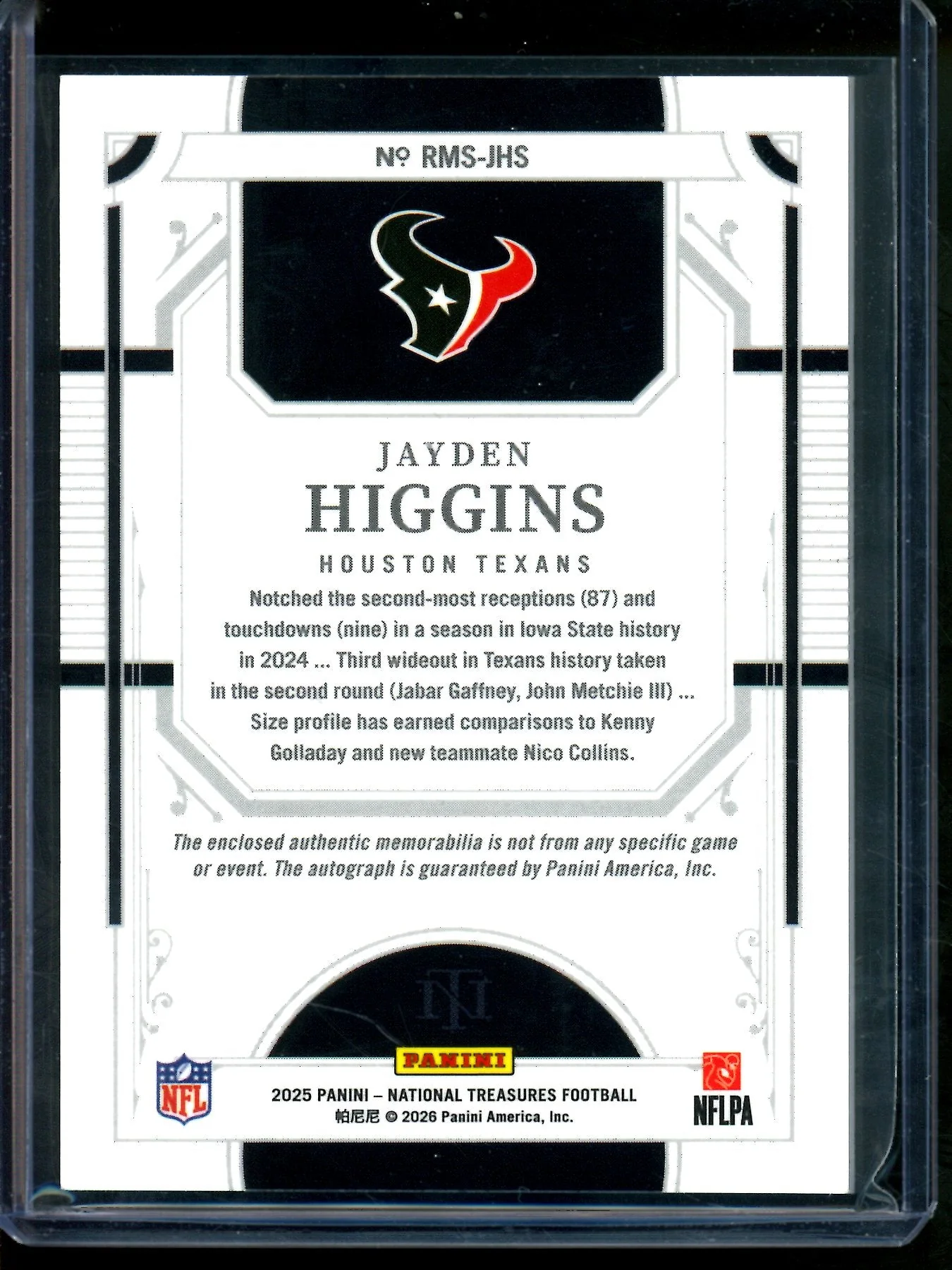 2025 Panini National Treasures Jayden Higgins Rookie Triple Patch Autograph /25 Texans - Image 2