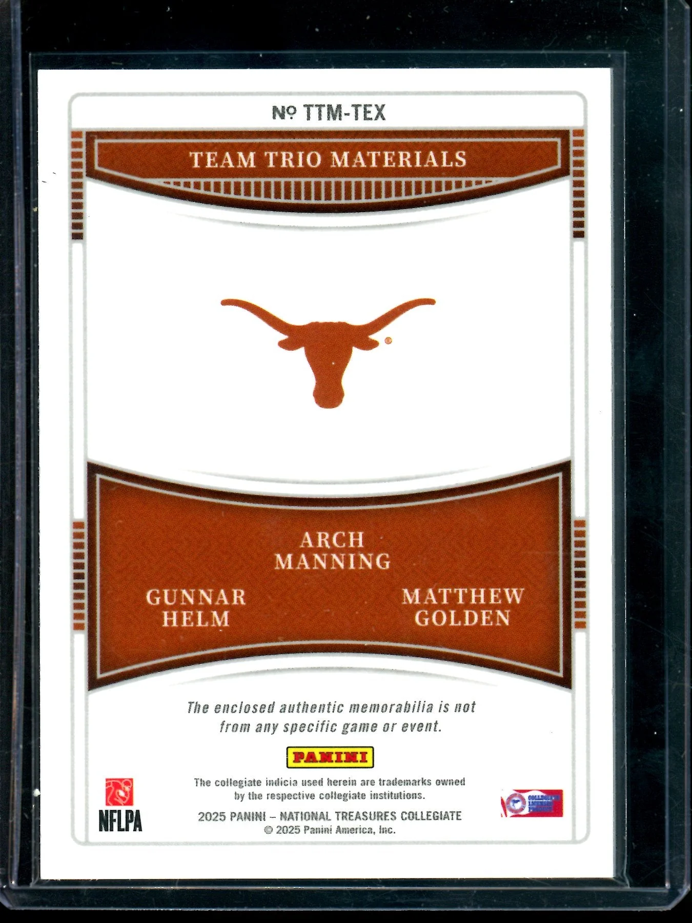2025 Panini National Treasures Manning / Helm / Golden Team Trio Materials Longhorns - Image 2