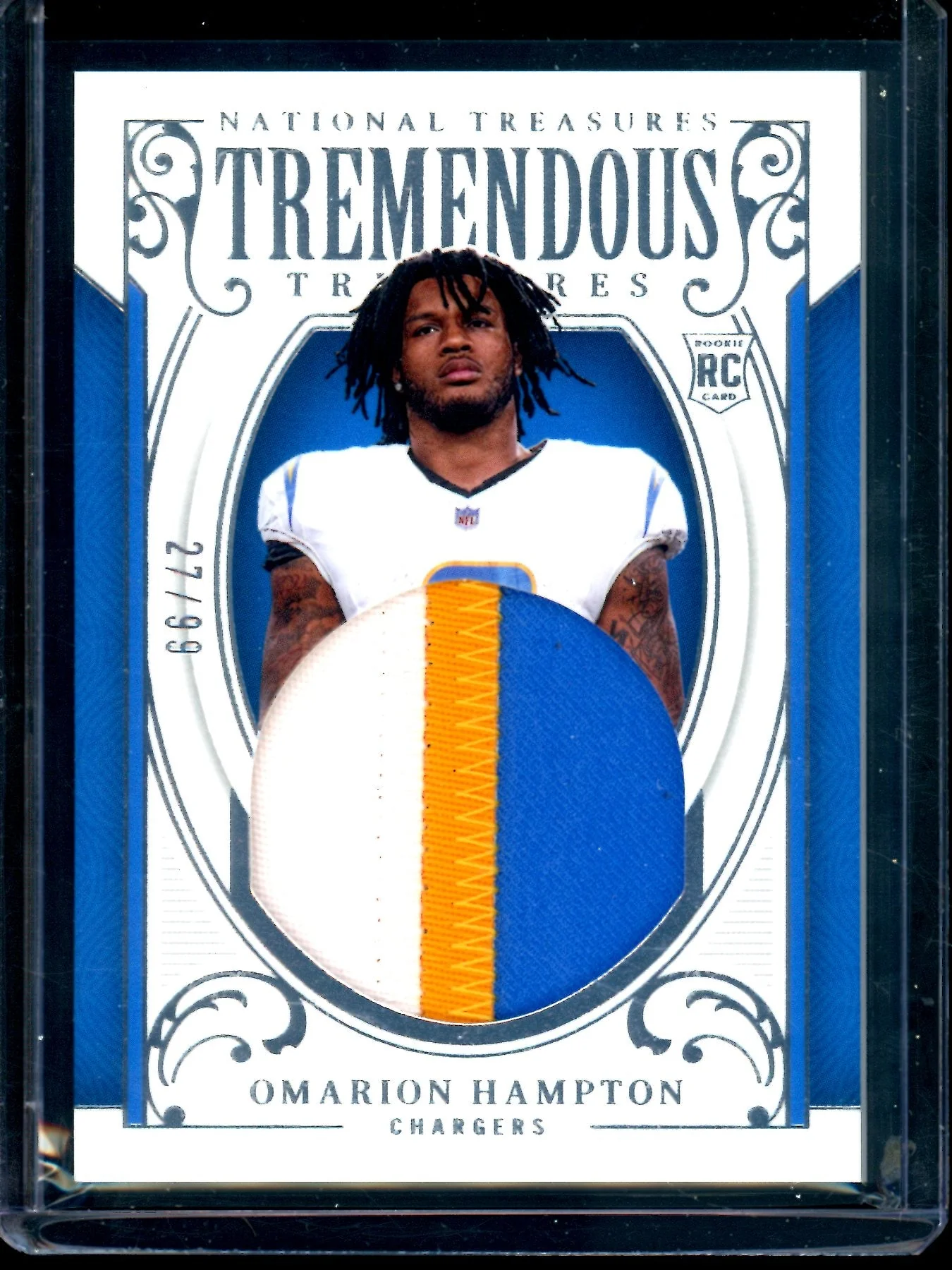 2025 Panini National Treasures Omarion Hampton Tremendous Treasures Rookie Relic /99 Chargers