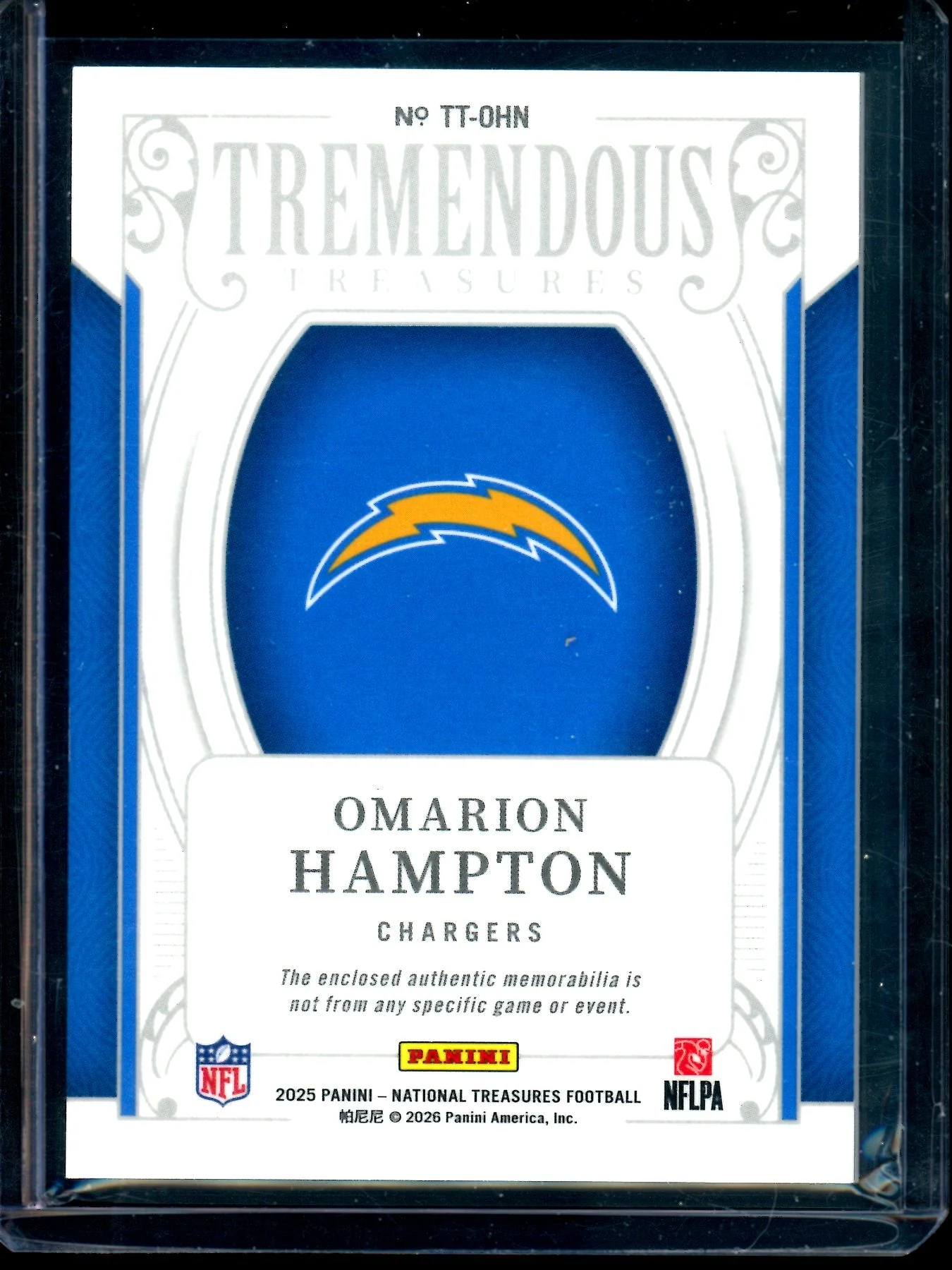 2025 Panini National Treasures Omarion Hampton Tremendous Treasures Rookie Relic /99 Chargers - Image 2