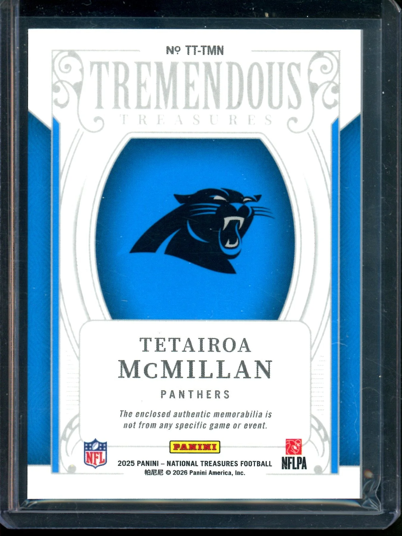 2025 Panini National Treasures Tetairoa McMillan Tremendous Treasures Rookie Relic /99 Panthers - Image 2
