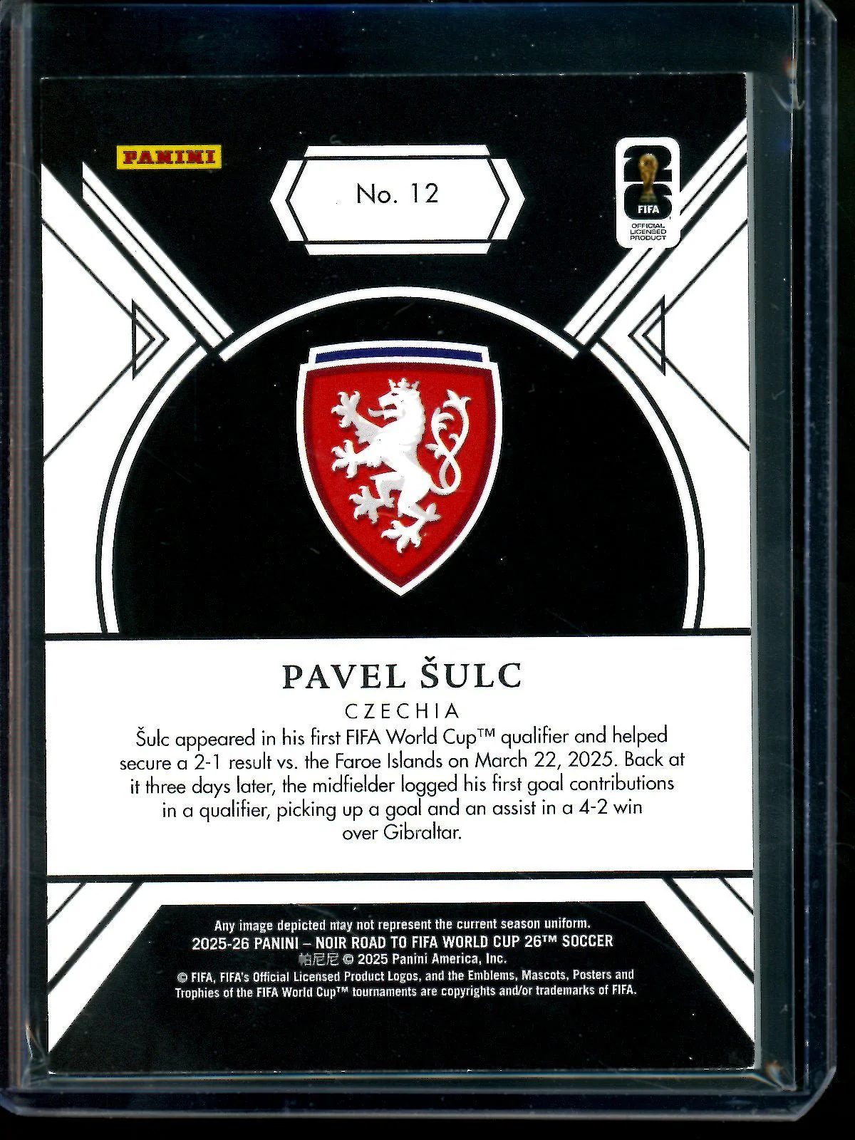 2025 Panini Noir Pavel Sulc Rookie Blue /25 Fifa World Cup Czechia - Image 2