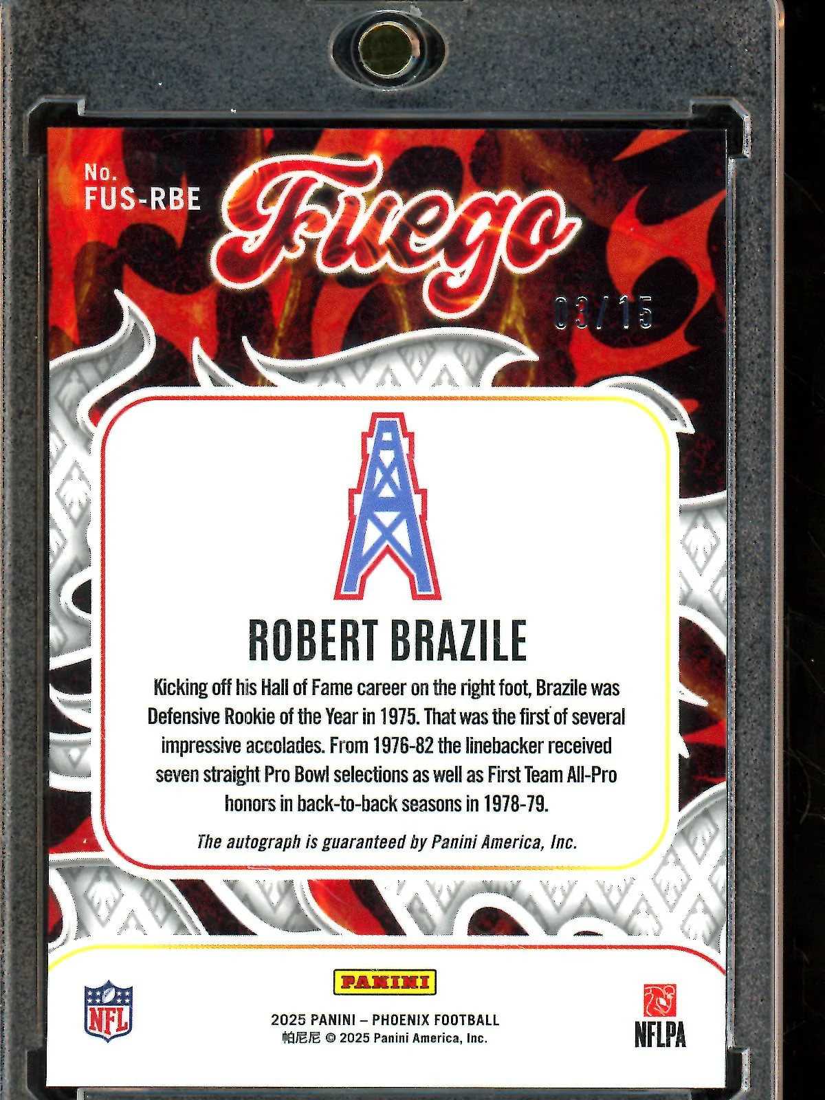 2025 Panini Phoenix Robert Brazile Fuego Autograph /15 Oilers - Image 2