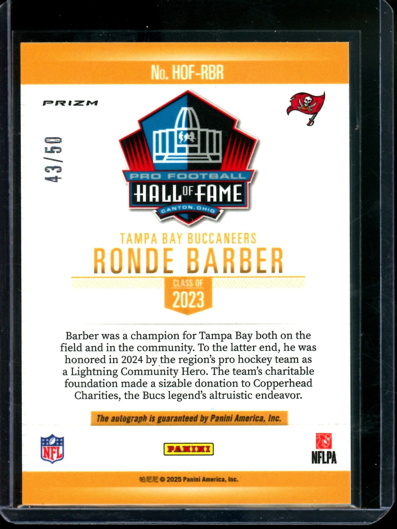 2025 Panini Prizm Ronde Barber Hall Of Fame Autograph /50 Buccaneers - Image 2