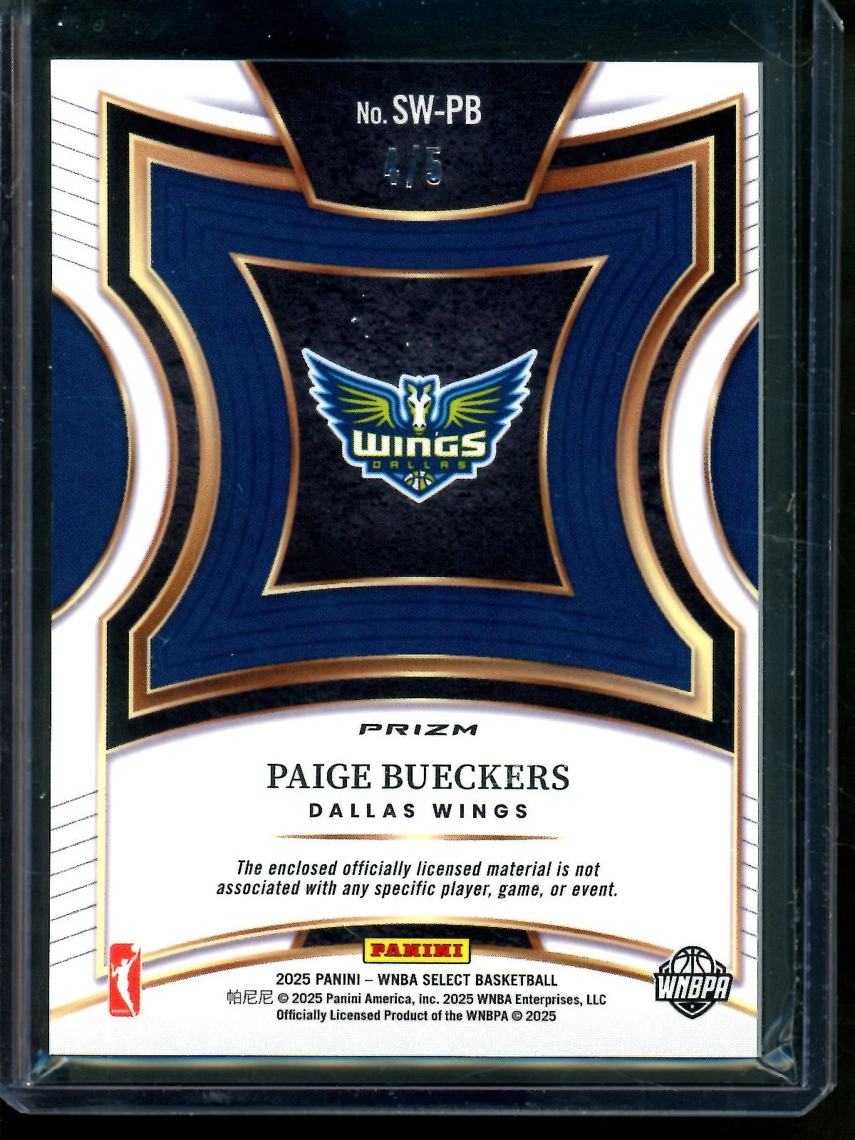 2025 Panini Select Paige Bueckers Selective Swatches Rookie Patch /5 Wings - Image 2