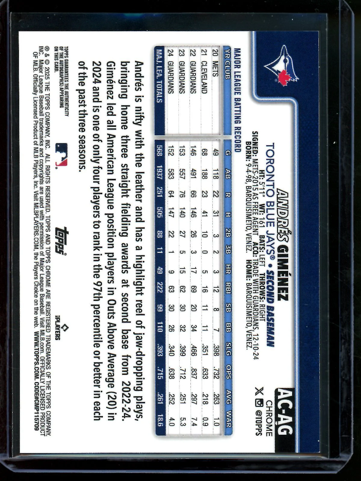 2025 Topps Chrome Andres Gimenez Gold Wave Autograph /50 Blue Jays - Image 2