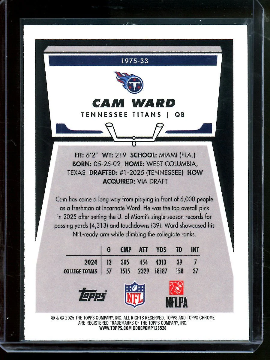 2025 Topps Chrome Cam Ward 1975 Rookie Refractor /275 Titans - Image 2