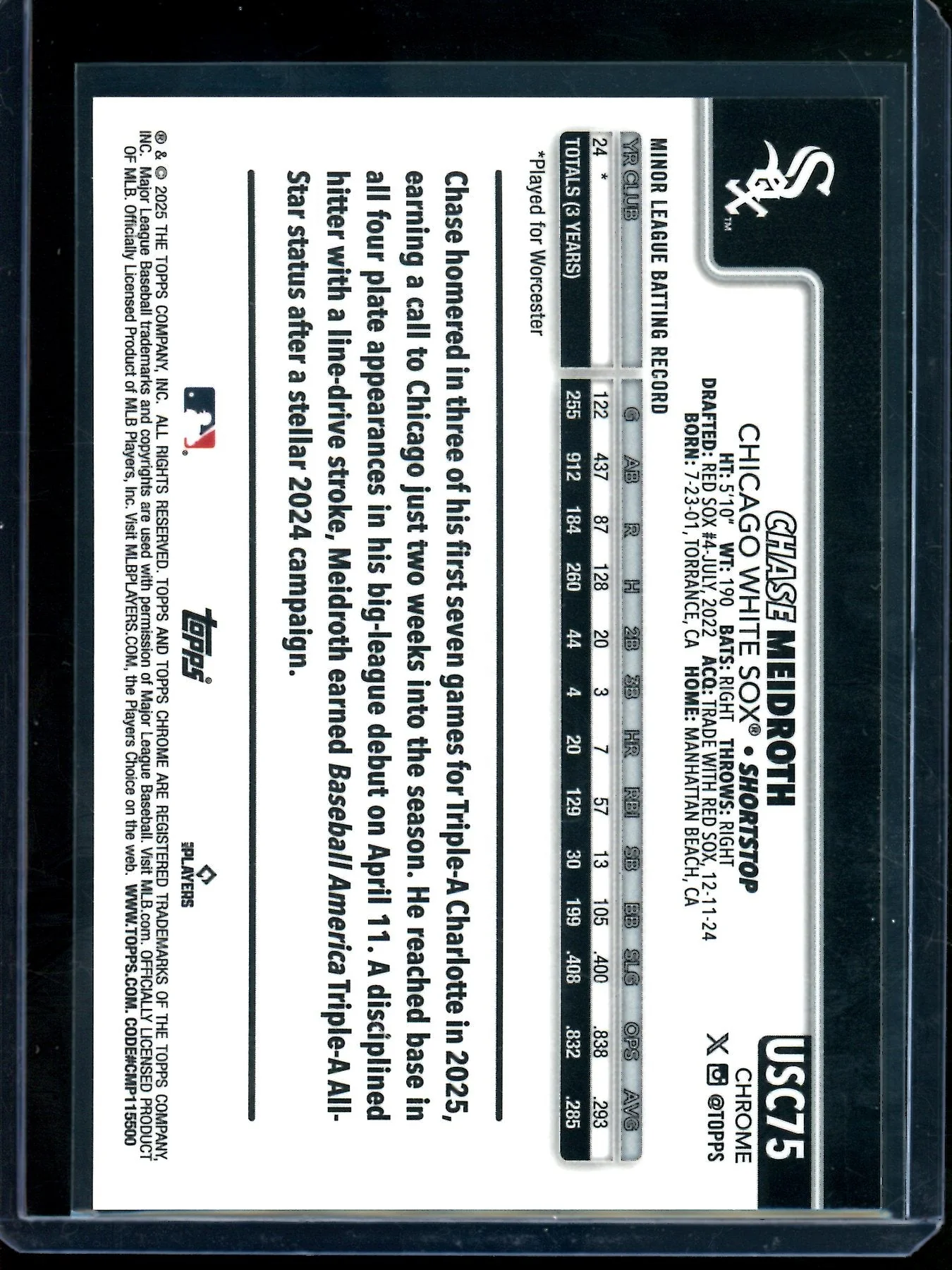 2025 Topps Chrome Chase Meidroth Black Geometric Rookie /10 White Sox - Image 2