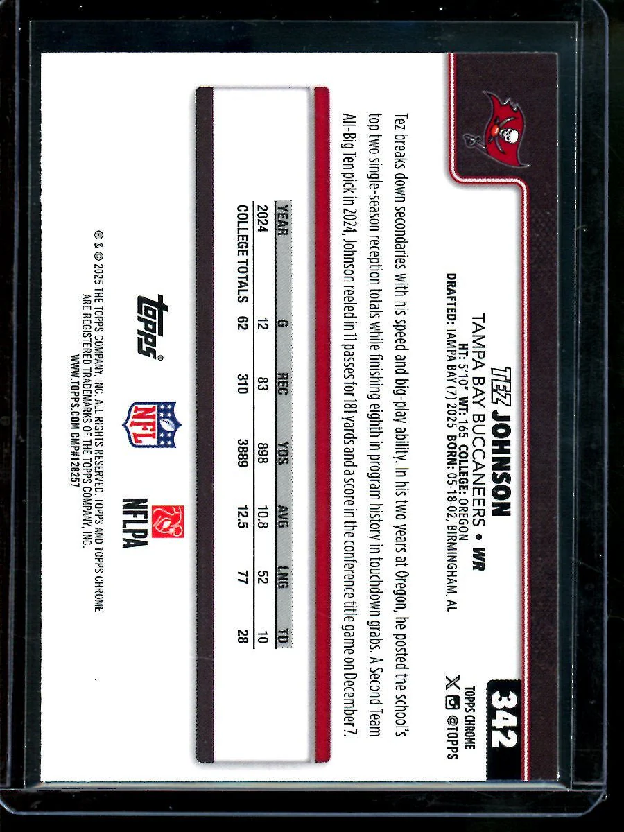 2025 Topps Chrome Tez Johnson Yellow Wave /275 Rookie Buccaneers - Image 2
