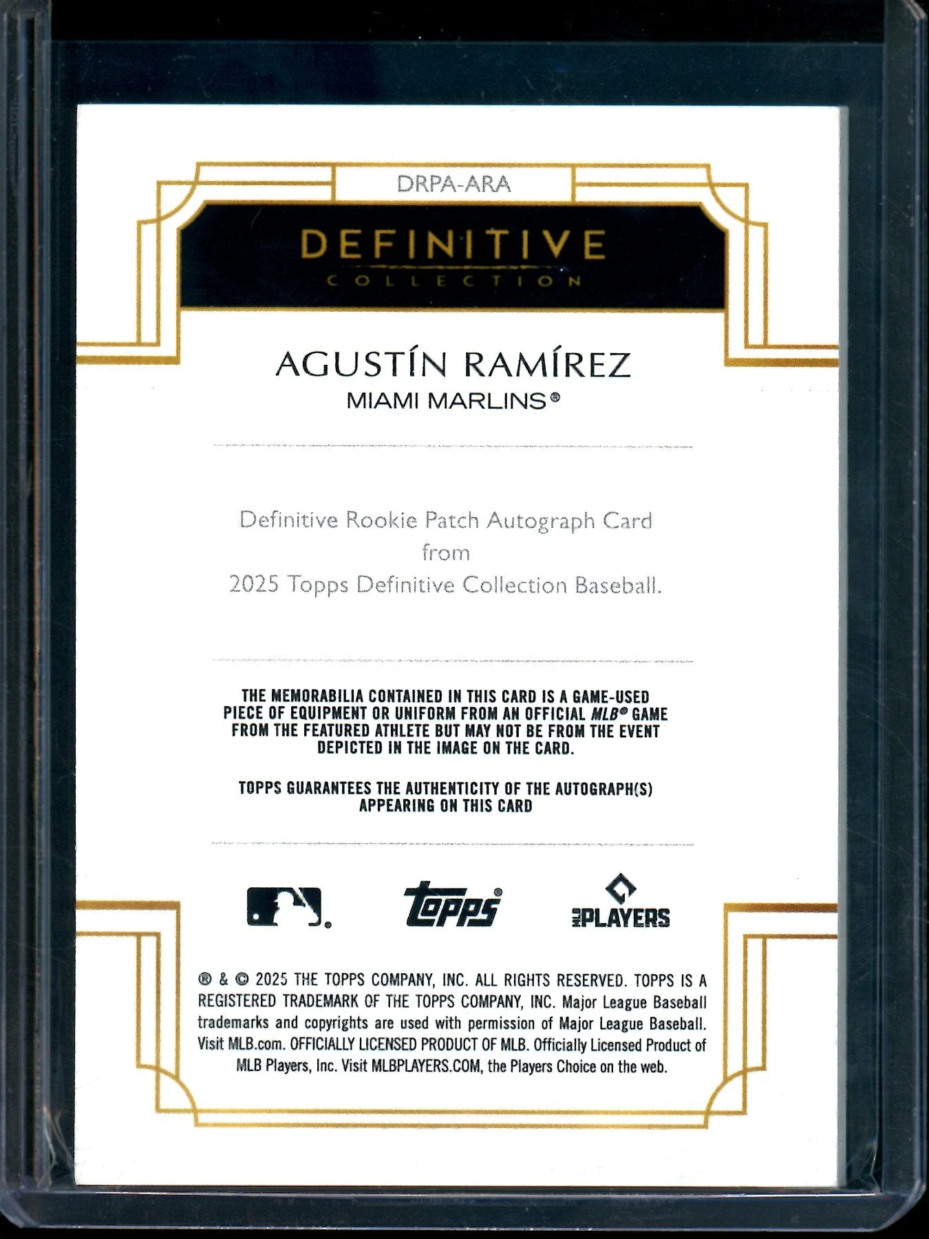 2025 Topps Definitive Agustin Ramirez Rookie Patch Autograph Black /10 Marlins - Image 2